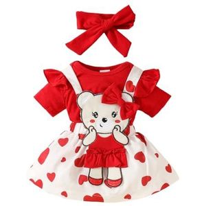 HEOXIN Babymeisjes Kledingset, Pasgeboren Baby Rompertje met Korte Mouwen met Drukknoop, Kleine Babykleding Beer Elastische Jarretel Knoop Rok met Strik Hoofdband, 0-3 Maanden