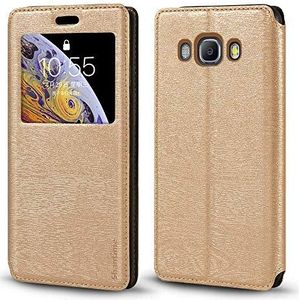 Hoesje voor Samsung Galaxy J5 2016 met houten nerf lederen hoesje met kaarthouder en venster, magnetische flip cover voor Samsung Galaxy J5 2016 (goud)