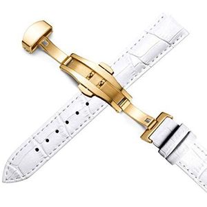 Armband van echt leer, 12-24 mm, stalen band met vlindergesp, stalen armband met gesp 22 mm, horlogeband, goud-wit, 19mm, Armband