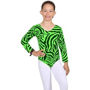 janisramone Meisjes Kinderen Zebra Print Lange Mouw Gymnastiek Stretch Dans Gymnastiek Turnpakje Bodysuit Top, Neon Groene Zebra, 9-10 jaar