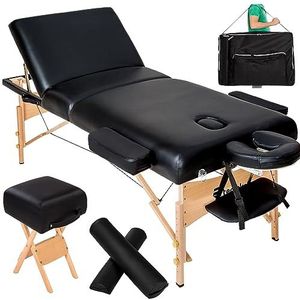 tectake® Massagetafel - Inklapbaar en in hoogte verstelbaar - Accessoires voor massage, tatoeage of cosmetica - Extra dikke vulling - Inclusief kruk, tas en aluminium hoofdsteun - Zwart