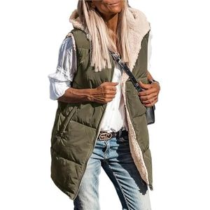 Omkeerbaar damesvest met capuchon, lange vesten, mouwloos fleecejack, gewatteerd vest, winterjas, capuchon met ritszakken, warme jas, winterkleding(Army green,XXL)