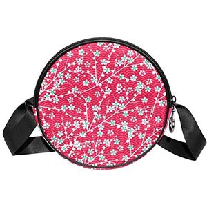 Ronde Crossbody Tas Messenger Purse voor Vrouwen Kleine Witte Bloemen Roze Achtergrond, Meerkleurig, 6.7x6.7x2.3 in, Sling Rugzakken