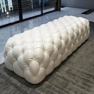 poefs en poefs， Luxe witte kruk met knopen, comfortabele voetsteunbank, for woonkamer slaapkamer entree - rechthoekig gestoffeerd leer(White,60x45x42cm(24x18x17inch))