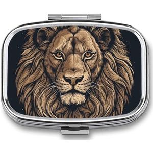Cartoon Leeuw Gedrukt Draagbare Pil Container Reizen Pil Gevallen Met Spiegel 2 Compartiment Geneeskunde Doos Decoratieve Metalen Geneeskunde Voor Pocket Portemonnee Reizen Dagelijks