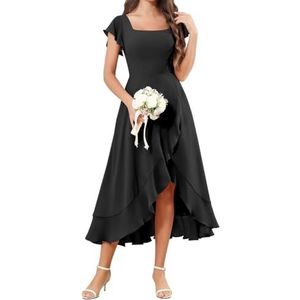 Korte Mouw Bruidsmeisje Jurken voor Bruiloft Hoge Lage Chiffon Formele Avond Party Maxi Gown Thee Lengte AH157, Zwart, 32