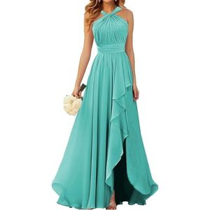 Halter Prinses Bruidsmeisjes Jurken Geplooide Galajurken Ruche Chiffon Split Formele Avond Party Gown ZM212, Turkoois, 58/Meer
