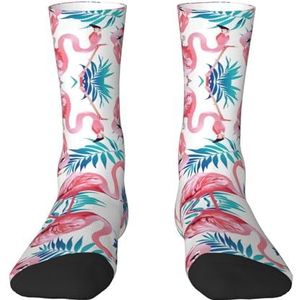 Flamingo vogel groene plant blad print volwassen kleurrijke middellange sokken met man en vrouw voor dagelijks gebruik, casual, sport., Wit, One size