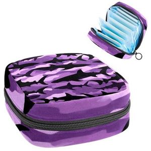 Opbergtas voor maandverband, 1 stuks, grote maandverband, organizer, herbruikbare eerste menstruatietas voor meisjes, dames, 17 x 17 x 12 cm, haaien, silhouetten, paars en zwart, camouflage