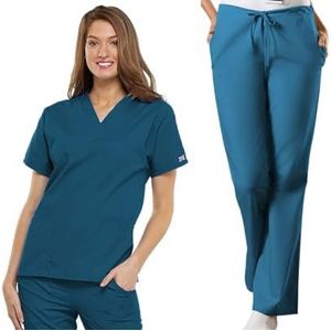 Cherokee Vrouwen Scrubs Set Werkkleding Originals 4700 V-hals Top & 4101 Natuurlijke Rise Flare Been Trekkoord Broek, Caribisch Blauw-2XL Top/XL Broek