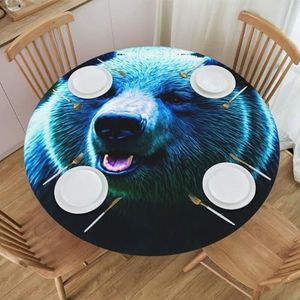 Rond tafelkleed met blauwe beer, waterdicht en afveegbaar met elastische randen, geschikt voor het decoreren van ronde tafels.