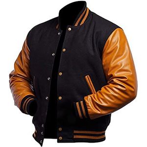 Heren College Bomber Varsity Jacket - Slimfit Casual Fashion Baseball Jacket - Amerikaanse stijl Letterman wol & imitatieleer jas voor mannen, Zwart & Goud - Wol & Faux, XL