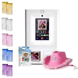 HP Sprocket Fotohokje Instant kleurenfotoprinter (Wit) + Zinkpapier (100 vellen) + Roze hoed (1) + Foliegordijnachtergrond (10)
