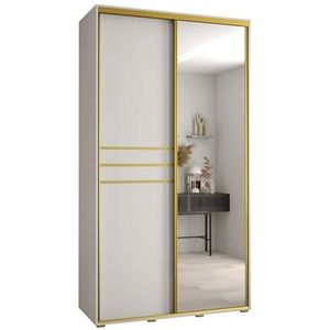 MEBLE KRYSPOL Davos 11 130 Kledingkast met twee schuifdeuren voor slaapkamer - Moderne Kledingkast met spiegel, kledingroede en planken - 235,2x130x45 cm - Wit Wit Goud