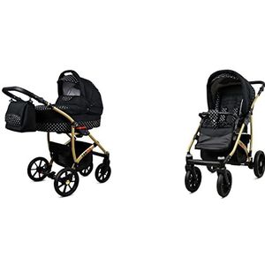 Babylux Largo Kinderwagen 2in1 Deep en Wandelwagen met Accessoires Verstelbare en Opvouwbare Lichtgewicht Aluminium Constructie 2 Montagemogelijkheden White Dots Gold Frame