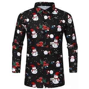 Zhiyao Kerstoverhemden heren hemd lange mouwen patroon slim fit business vrije tijd bruiloft casual shirt, Zwart-A, M