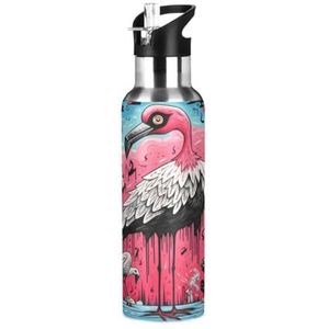 Art Doodle Flamingo Vogel Sport Water Fles met Stro Thermos Rvs Dubbelwandige Geïsoleerde Vacuüm Cup 600ML Thee