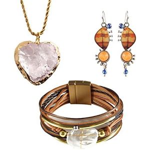 Handgeweven bruine magnetische gesp barokke parel multilayer armband, natuurlijke roze kristal hart hanger gouden twist ketting ketting en synthetische gekleurde natuursteen citrien oorbellen cadeau