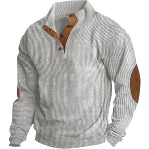 Heren Corduroy Shirts Herfst Winter Revers Kraag Button Up Pullover Down Mock Neck Polo Shirts Flanellen Trui Top, Lichtgrijs, 3XL