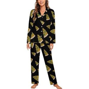Groene Alien Hoofd Op Een Pizza Vrouwen Lange Mouw Button Down Nachtkleding Zachte Nachtkleding Lounge Pyjama Set 2XL
