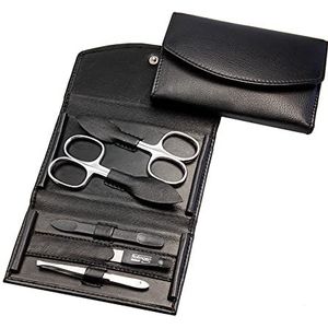 Manicure Set - 5-delige nagelverzorgingsset - echt nappa-lamsleer manicure etui - nagelschaar, huidschaar, nagelvijl, pincet en dubbel instrument (zwart)