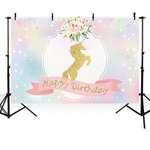 MEHOFOTO Happy Birthday fotostudio booth achtergrond eenhoorn thema bloemen banner achtergrond voor fotografie 2,1 m x 1,5 m