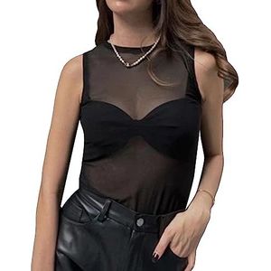 Spaghetti Strap Bow Camisole, Sheer Mesh Tank Top Zacht Casual Mouwloos Shirt Pure Kleur voor Cocktail Party voor Vrouwen, Zwart, M