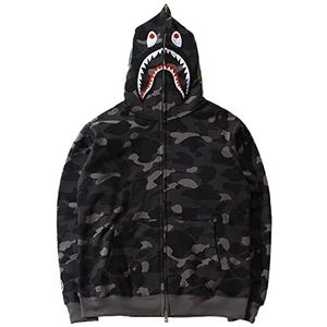 MCMYCO Y2k Bape Shark-hoodie for heren Camouflage Bape-jas met ritssluiting en capuchon Sweatjack Interessant sweatshirt met rits Puur katoen Shark Head Shark-hoodietrui (Color : zwart, Size : S)