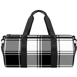 Voetbal met gras reizen duffle tas sport bagage met rugzak draagtas gymtas voor mannen en vrouwen, Zwart Grijs Wit Tartan Plaid Patroon, 45 x 23 x 23 cm / 17.7 x 9 x 9 inch