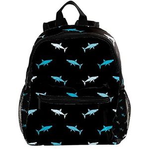 Blauwe haaien patroon zwarte achtergrond schattige mode mini rugzak pack tas, Meerkleurig, 25.4x10x30 CM/10x4x12 in, Rugzak Rugzakken