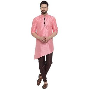 Lakkar Haveli Mannen Indiase traditionele Shirt Kurta Trail Cut Wedding Party Wear Big Tall Pyjama Pant Set Roze Zijde, roze, 6XL Groot Tall