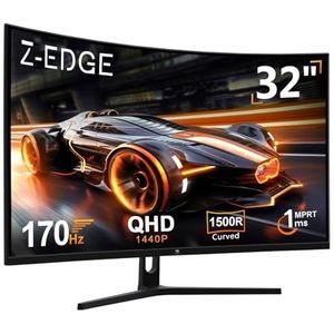 Z-Edge Gaming Monitor Gebogen 32'' 2K QHD(2560x1440), 1ms, 170Hz, FreeSync, 16:9 Gebogen Scherm, 1500R VA, kantelbaar Instelbaar, 2×DP1.4 &2×HDMI2.0, 3000:1, RGB, VESA 75*75mm(HDMI-kabel Meegeleverd)
