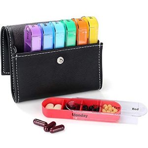 Pillendoos 7 dagen 28 vakken tablettenbox met lederen etui pillendoosje draagbare pillendoos reizen medicijnen opslag 4 vakken per dag medicijndoos voor reizen medicijndoseerder beugel doos
