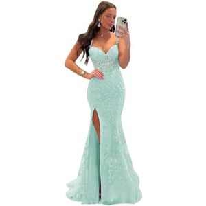 Dames glitter tule galajurk lang voor vrouwen kanten applicaties avondfeestjurken met split, mintgroen, 4XL