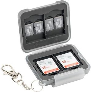 PROfezzion Waterbestendige, Robuuste Plastic Geheugenkaart Opbergkoffer Geschikt voor 4 x SD SDHC SDXC Kaarten met Korte Ketting (Lichtgrijs)
