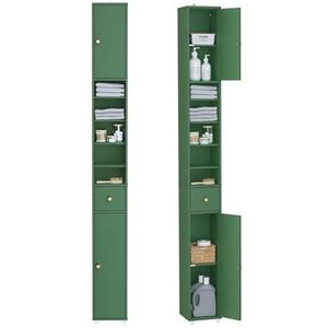 SoBuy Hoge Badkamerkast – Smalle Opbergkast voor Badkamer– Vrijstaand Compacte Badkamermeubel, Waterbestendig met Verstelbare Planken en Lade, Donkergroen, B20 x D20 x H180cm, BZR34-II-SY