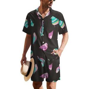Aquarel vogel patroon heren Hawaiiaanse pak set 2-delig strand outfit korte mouw shirt en shorts bijpassende set