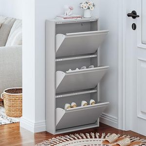 VEEHAUS Schoenenrek, smalle metalen schoenenkast, hoog, met magnetische afdekking, van metaal, gemonteerd, wandmontage, 3 kleppen, grijs