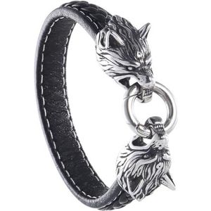 Viking Wolf Lederen Armband Voor Mannen - RVS Dubbele Wolf Heads Lederen Gevlochten Polsband - Nordic Vintage Lederen Koord Wrap Manchet Bangle Animal Amulet Sieraden (Color : Silver_195MM)