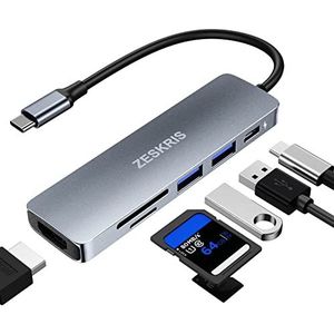 ZESKRIS MacBook USB C Hub - 6 in 1 Multiport Adapter Met 2 USB 3.0, SD/Micro SD-Kaartlezer, 4K HDMI, 100W PD Voor Macbook Air/Pro en Andere Type C-Apparaten