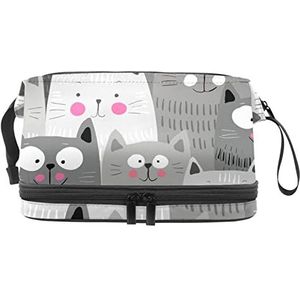 Dubbele Laag Cosmetische Tas Gelukkige Katten Grijs Draagbare Make-up Tas Reizen Organizer Pouch voor Vrouwen Meisjes Toiletartikelen Tassen, Meerkleurig, 27x15x14 cm/10.6x5.9x5.5 in, Make-up zakje