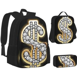 SUHNGE Gouden dollar teken print rugzak school boekentassen set lunchtas etui school rugzakken meisjes jongens, Gouden Dollar teken, Eén maat