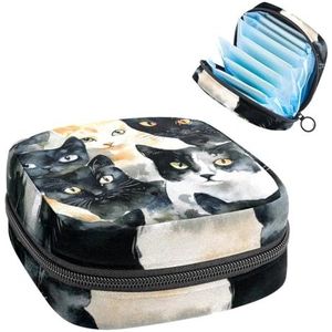 Aquarel Katten Print Maandverband Opbergtas, Grote Menstruatie Cup Pouch met Ritssluiting, Menstruatie Pads Bag Store Panty Liners Tampons voor Meisjes Vrouwen