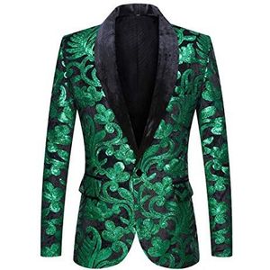PYJTRL Herenmode fluweel pailletten bloemenpatroon blazer, groen, XL