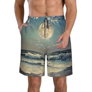MGGAklp Maan en zee print heren casual shorts elastische taille trekkoord lichtgewicht outdoor zomer strand shorts, Wit, S