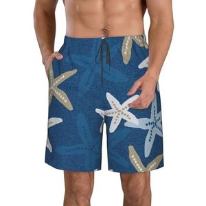 PHTZEZFC Blauwe achtergrond zeesterprint strandshorts voor heren - lichtgewicht, sneldrogende zwembroek met trekkoord en zakken, Wit, L