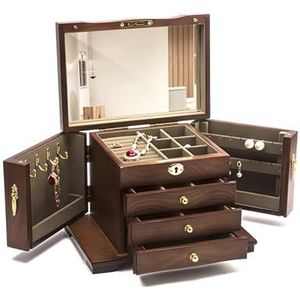 ACMHNC - Sieradendoos - Hout - Vintage - Met Slot - 4 Niveaus - 3 Laden - Spiegel