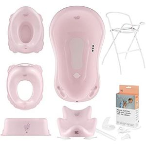 Hylat Baby Set 7: Babybadje met standaard, babybad inzet, afvoerslang, kinder toiletzitting, potje voor kinderen, opstapje - stabiel en comfortabel - Kleur: Roze, Motief: Hug Me