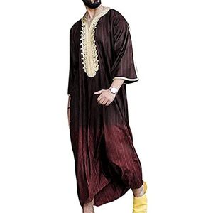 Heren moslim jurken kaftan - Midden-Oosten Saoedi-Arabische gewaad Turkse jurken thobe mannen gebedskleding print tassen jurken, wijnrood, 3XL