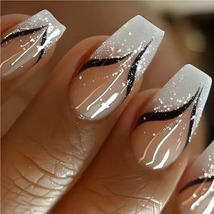 Eenvoudige vierkante nepnagels met geleilijm, roze en witte French press-on nepnagels met kleurverloop, korte nageltips met volledige dekking(1588,M)